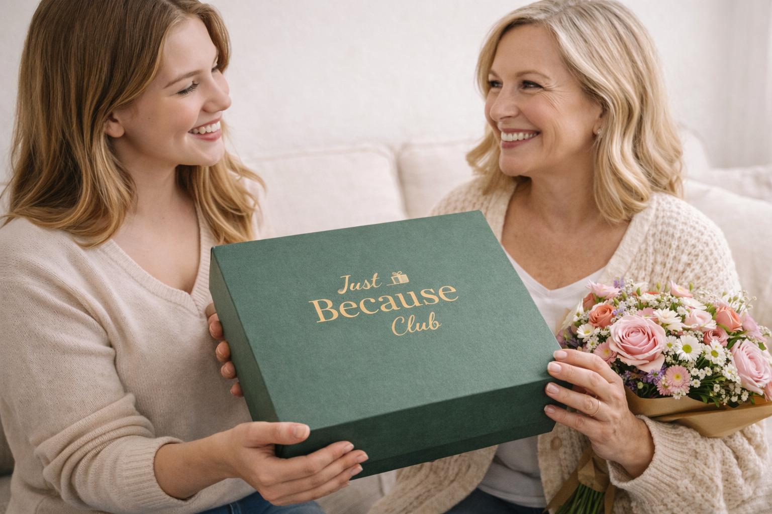 Woman in her late twenties gifting her mum a Just Because Club gift box with bouquet of flowers.